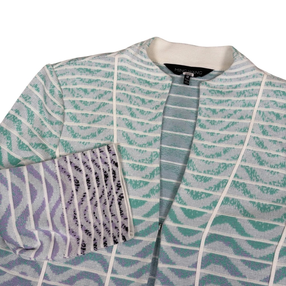 Ming Wang Knit Jacket Topper Size M Purple Green White Abstract Print Cardigan